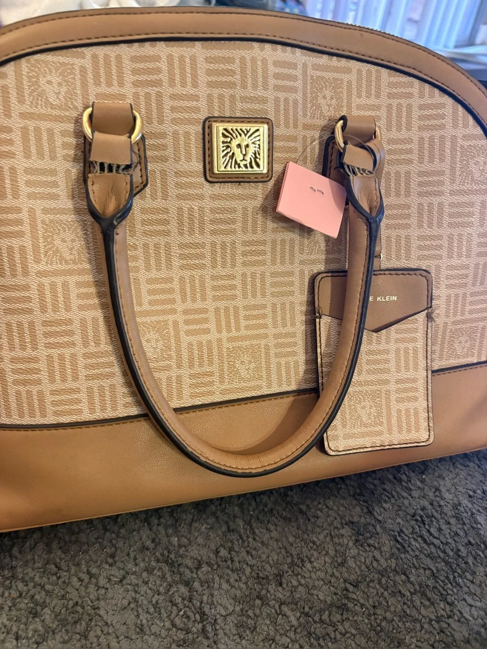 Anne Klein Tan Logo Dome Satchel with Gold Emblem
